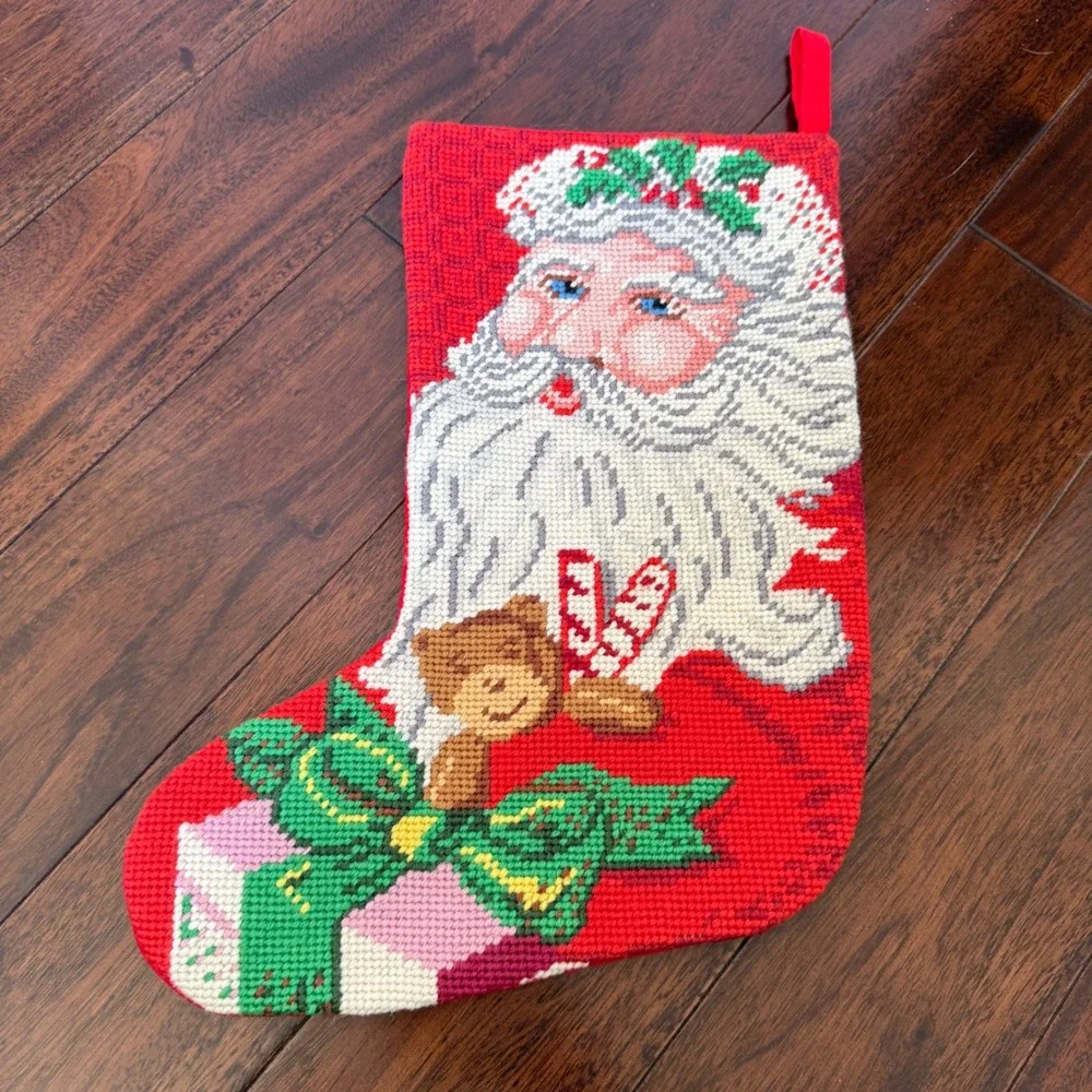 Vintage Needlepoint Christmas Stocking Santa Wool Handmade 14